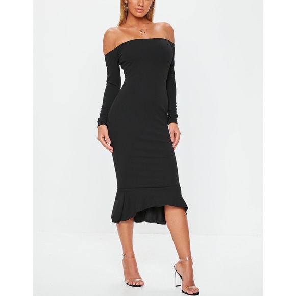 black bardot fishtail dress